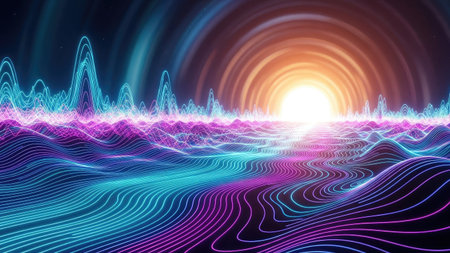 3d illustration of abstract digital landscape with glowing particles in the form of sound wavesの素材