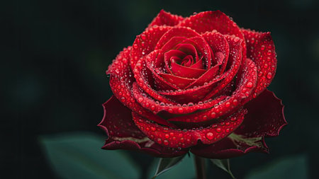Beautiful red rose with dew drops on a dark background.の素材