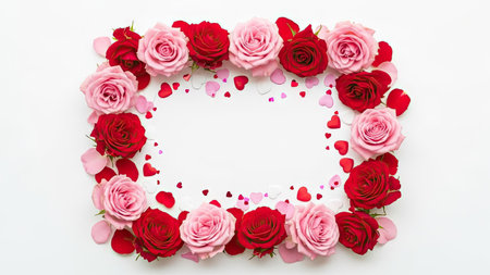 Red and pink roses on a white background with copy space for textの素材