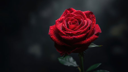 Beautiful red rose with water drops on dark background, close upの素材