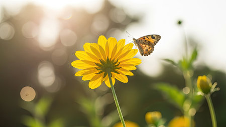 Butterfly on yellow flower in the morning sunlight with bokehの素材