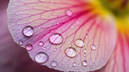 Water drops on petals of a pink flower close-up macro photographyの素材