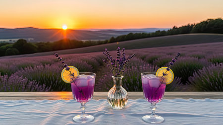 Glasses of lavender cocktail on table in lavender field at sunsetの素材