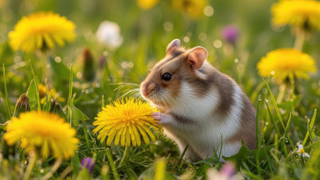 Cute hamster with dandelions in the meadow.の素材