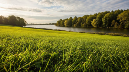 Beautiful summer landscape with green meadow and forest at sunset.の素材