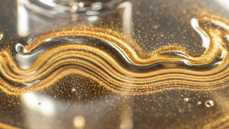 Closeup of nail polish bottle with golden glitter. Beauty background.の素材