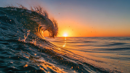 Beautiful sunset in the sea with a wave and splashes.の素材