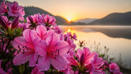 Rhododendron flower on the lake at sunset in summerの素材