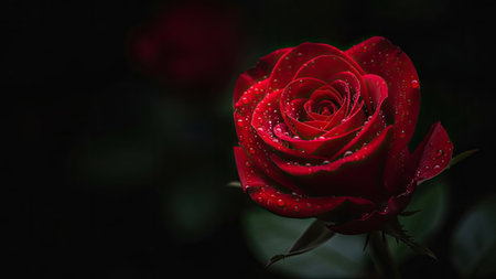 Beautiful red rose with water drops on the petals on black backgroundの素材