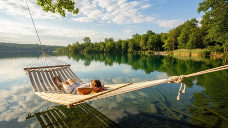 Young woman relaxing in hammock on the lake. Summer vacation conceptの素材