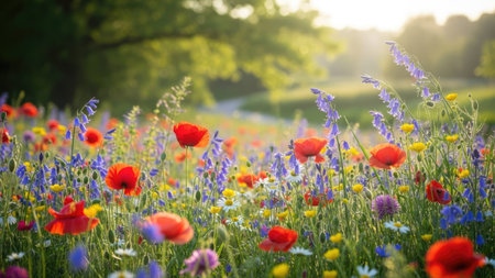 Wild flowers in a meadow at sunset. Beautiful summer landscape.の素材
