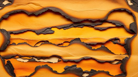 Hole in orange paper with burnt edges. Abstract background for design.の素材