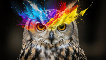 Eurasian eagle owl with colorful paint splashes on black backgroundの素材