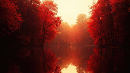 Autumn landscape with a lake and trees in the foggy morningの素材