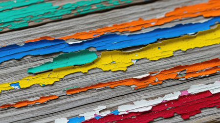 Colorful pieces of paper on old wooden background, close-upの素材