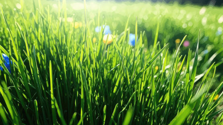 Green grass background with bokeh effect. Spring nature background.の素材