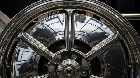 Close-up of alloy wheel on display at Bangkok International Auto Salon 2015 in Bangkok, Thailand.の素材