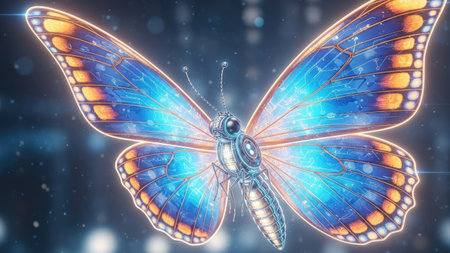 3d illustration of a butterfly with blue and orange lights in the backgroundの素材