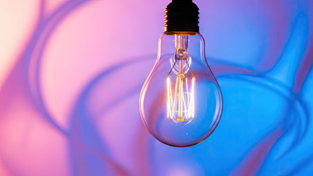 Incandescent light bulb on a blue and pink abstract background.の素材