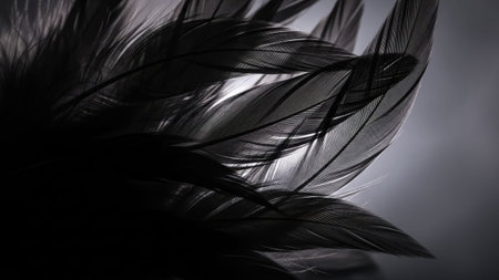 Beautiful abstract gray feathers on dark background and black feather texture on dark pattern and gray background, gray feather background, gray bannersの素材