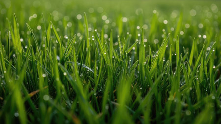 Fresh green grass with dew drops close up. Natural background.の素材