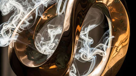 Wedding rings with smoke on a black background close-upの素材