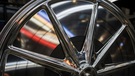 Closeup of a wheel of a car with a blurred background.の素材