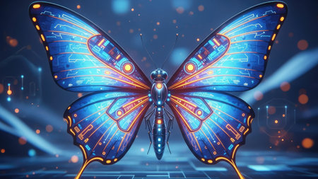3d rendering of a butterfly in digital technology background with glowing lightsの素材