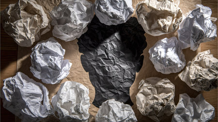 An overhead shot shows a human silhouette surrounded by crumpled paper balls. The papers vary in color and texture, creating a contrast against the dark form. The composition suggests the process of brainstorming, with potential applications in business or educational content.の素材