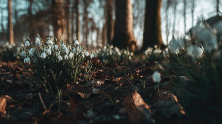 This image showcases snowdrop flowers blooming on the forest floor. The composition highlights their delicate white petals and green foliage against a backdrop of blurred trees. Warm sunlight filters through, enhancing the natural textures of the leaves and soil. Suitable for various editorial and commercial applications.の素材