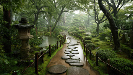 A stone pathway meanders through a vibrant green forest garden, flanked by trees and shrubbery. A traditional lantern stands on the left, while the path leads toward a bridge. The composition features natural lighting and textures, with a sense of depth. This image could be used for articles, websites, or promotional material.の素材