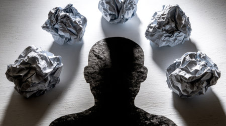 A silhouetted figure is surrounded by crumpled paper balls, suggesting complex thoughts or mental strain. The monochrome composition features dramatic lighting, highlighting textures and shapes. This conceptual image could be used in projects about psychology, creativity, or problem-solving. It is suitable for various editorial and commercial applications.の素材
