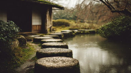 A stone path, composed of circular stepping stones, leads towards a traditional structure beside a calm body of water. The image displays muted tones with hints of green and brown. The composition includes a blurred background suggesting a natural setting, possibly a garden. This scene could be used in various commercial and editorial contexts.の素材