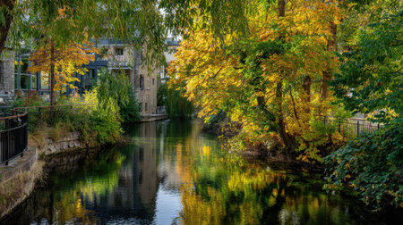 A scenic view presents a reflective river, flanked by trees displaying vibrant autumn colors. The composition includes architectural elements reflected in the water, suggesting a natural and urban integration. The lighting implies a daytime setting. It could be used for environmental, travel, or design-related projects.の素材