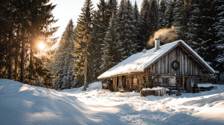 A wooden cabin sits amidst a snowy forest with tall trees, illuminated by sunlight. Smoke rises from the chimney suggesting warmth. The image displays a natural aesthetic, featuring textures and a sense of tranquility. Potential uses include illustrations for articles or thematic content.の素材