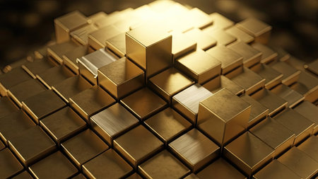 3d rendering of golden cubes background in virtual space. Computer generated image.の素材