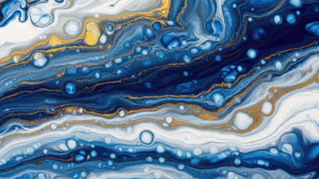 Marble abstract acrylic background. Blue marbling artwork texture. Agate ripple pattern. Gold powder.の素材