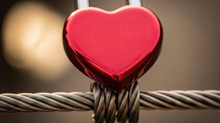 Red heart on a rope. Shallow depth of field. Selective focus.の素材
