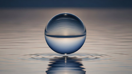 Transparent glass sphere on water surface with ripples and reflection.の素材