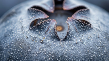 Close up of frozen blueberry in winter. Macro shot with shallow depth of field.の素材