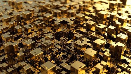 Abstract 3d render of golden cubes with depth of field. Technology background.の素材
