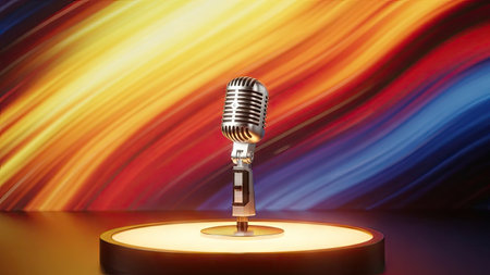 Retro microphone on stage with colorful wave background. 3d renderingの素材