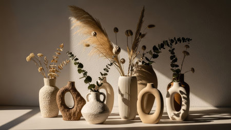 still life with vases and dried flowers on the windowsill.の素材