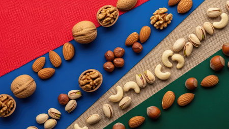Variety of nuts including hazelnuts, pistachios, walnuts, cashews and peanuts on colorful backgroundの素材