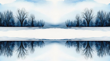 Winter landscape with trees and lake. Watercolor painting. Vector illustration.の素材