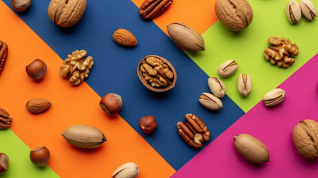 Walnuts, pistachios and hazelnuts on colorful backgroundの素材