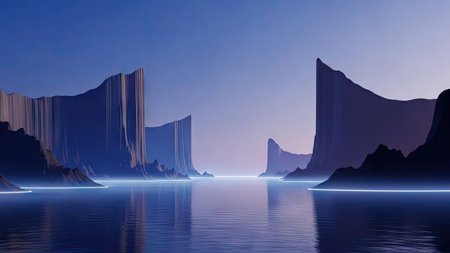 Fantasy alien planet. Mountain and lake. 3D illustration.の素材