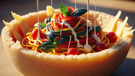 Delicious spaghetti with tomato sauce and parmesan cheese, closeupの素材