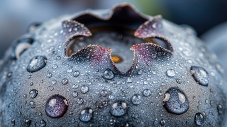 Close up of a blueberry with water droplets on it.の素材