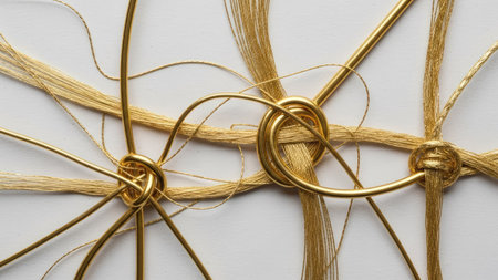 Golden rope with knots on a white background. Close-up.の素材
